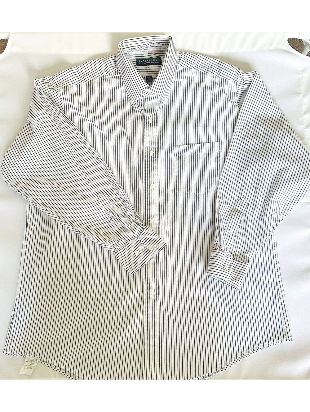 Claybrooke Mens Dress Shirt 16.5 32/33 Cotton Pinpoint Navy White Stripe